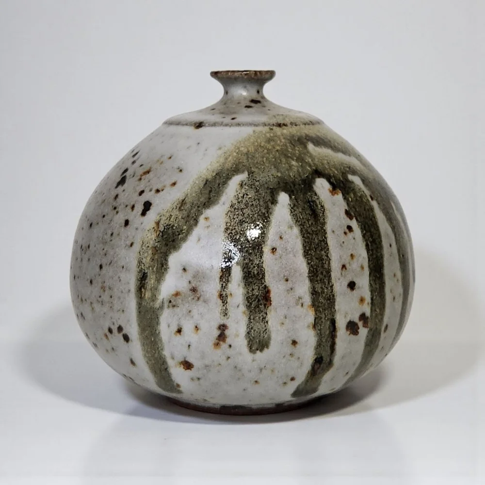 Artisan Hand Made Studio Pottery Gray Green Brown Small Vase with Drip Glaze